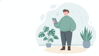 Cozy man checking tablet data at home during winter remote work holiday planning illustration