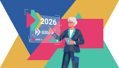 Professional woman reviewing 2026 forecast on a futuristic display setting business goals