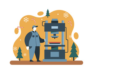 Worker operates industrial press machine amidst Christmas trees and snowflakes Seasonal industry production vector