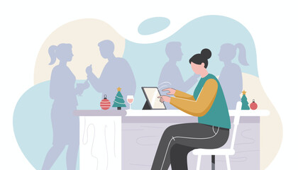 Woman uses tablet at a Christmas party counter ignoring socializing silhouettes