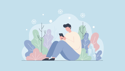 Man relaxing outdoors in winter checking smartphone amidst stylized foliage Technology and cold weather