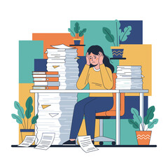 Stressed woman overwhelmed by a massive workload and endless paperwork pile at the office desk