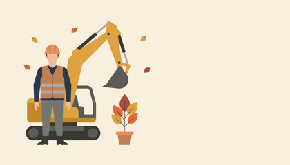 Construction worker and excavator machine flat illustration with autumn nature elements