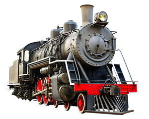 Obraz premium Vintage steam locomotive with red wheels isolated on a transparent background train