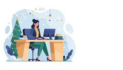 Festive office work Smiling woman works on computer near Christmas tree during winter holidays