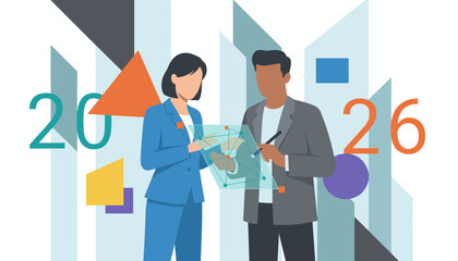 Business partners review data network on a futuristic holographic screen for 2026 planning