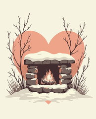 Cozy stone fireplace with snow and heart background in winter - Concept of New Year SVG   