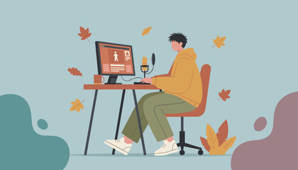 Digital creator working on a computer with a microphone in a cozy fall setting