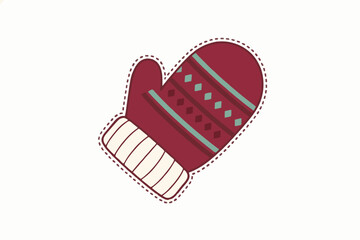 Red mitten with decorative patterns and white cuff for winter warmth - Concept of New Year SVG    