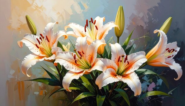 A painting of lilies with orange-tipped petals
