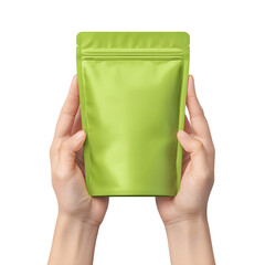 Hands holding a light green stand up pouch. Food packaging doypack mockup template. Isolated on transparent background, png