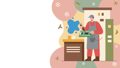Technician soldering a circuit board during winter holidays Technology repair and service illustration