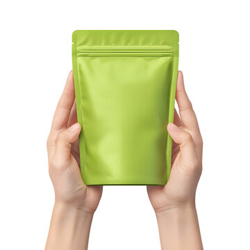 Hands holding a light green stand up pouch. Food packaging doypack mockup template. Isolated on transparent background, png