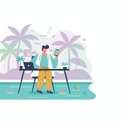 Remote worker uses a phone and laptop on a tropical beach Digital nomad concept