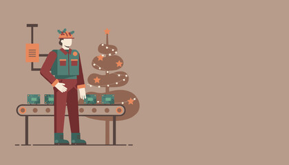 Factory worker monitors PCB production on a Christmas themed assembly line Tech industry holiday manufacturing