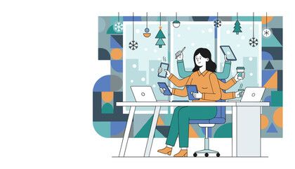 Multitasking professional working efficiently with many devices at a desk in a modern winter office