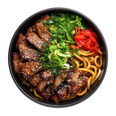 A delicious top-down view of a beef udon noodle bowl featuring tender glazed meat fresh seaweed scallions and pickled ginger