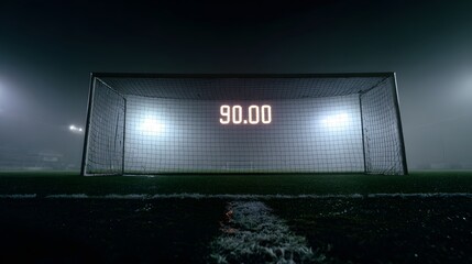 Dramatic final moments of a foggy football match illuminated by stadium lights, showing the 90.00 score on the scoreboard
