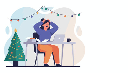 Overworked woman stressed by holiday deadlines working late at a desk with a Christmas tree