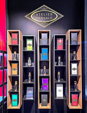 LATVIA, RIGA, OCTOBER, 29, 2025: Beautiful modern Versace perfume boutique interior with a new perfume collection in shopping mall in Riga, Latvia