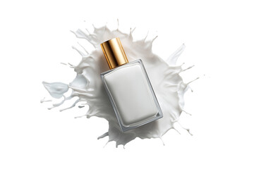 Elegant white perfume bottle surrounded by milk splash studio setting product photography minimalist environment top-down view luxury concept for branding