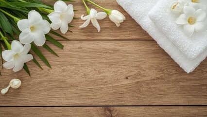 White orchid flowers with green leaves and folded white towels on a wooden surface. Spa and relaxation concept. Floral and wellness theme.