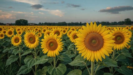 Fototapeta premium Sunflower field during daytime with a blue sky and clouds. Agriculture and nature, concept. Floral and botany. The concept of farming and botanical growth.