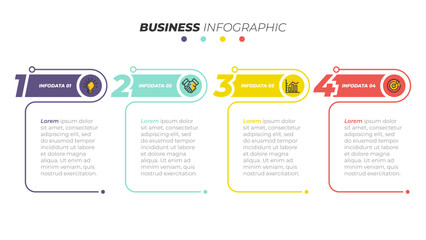 Vector infographic design showing five steps of a business process timeline, colorful layout with modern icons and text boxes, clean minimal design for presentation or marketing template