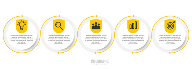 Vector infographic featuring golden circles with award and success icons, clean professional layout with four steps for achievement or milestone presentation design