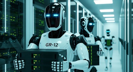 Robots carrying servers in a data center, showcasing automation and technology with a focus on artificial intelligence and data management solutions