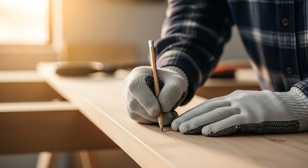Close up of a carpenter wearing protective gloves meticulously marking a wooden plank with a pencil in a sunlit workshop