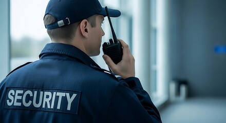 Professional security guard wearing a dark uniform and cap holding a radio and actively communicating while on duty in a modern building