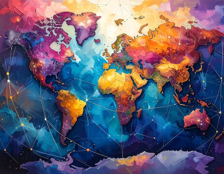 A brightly colored world map with connecting lines on a textured abstract background