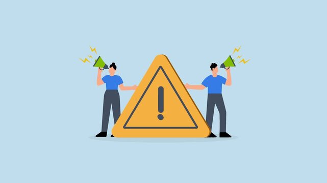 Important announcement, business individuals declare using a megaphone with an attention exclamation point.