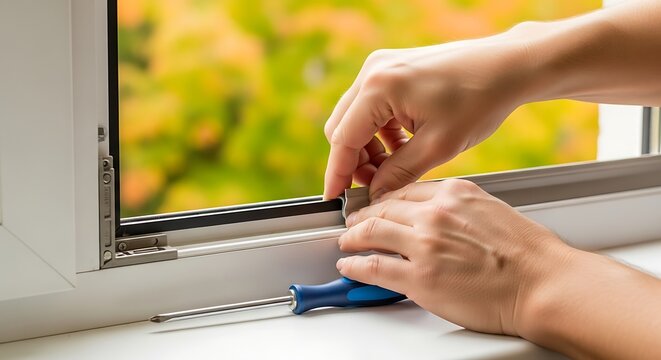 Close up of hands using a screwdriver to repair or install weather stripping on a window frame for home maintenance and insulation