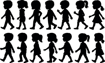 Silhouette of Children Walking Group of Diverse Kids Together Illustration