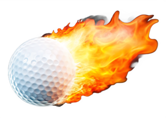 White golf ball engulfed in bright orange and yellow flames isolated on a transparent background