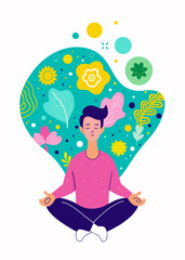 Man Meditating Mindfully in Lotus Position with Colorful Abstract Thoughts