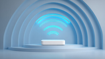 Obraz premium Wireless Connectivity Showcase: An abstract image showcasing a modern wireless device placed on a podium. A striking visual representing connection and technology.