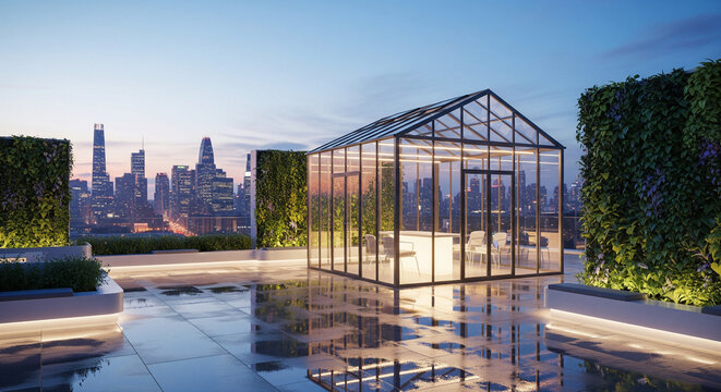 rooftop, garden, urban, futuristic, city skyline, dusk, terrace, greenhouse, vertical garden, ambient light, rain wet, reflection, panoramic, high resolution, wallpaper, background, 16:9, minimalist, 