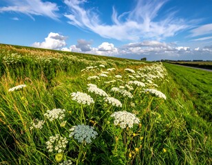 A bright field with white wildflowers and green grasses, under a partly cloudy blue sky
