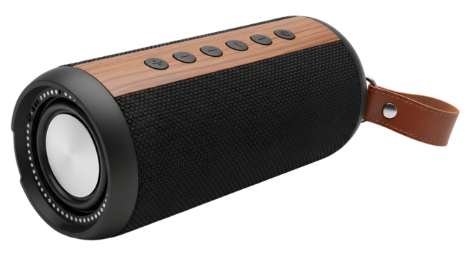 Modern cylindrical portable bluetooth speaker with a textured black fabric grill and a brown leather strap isolated on transparent background