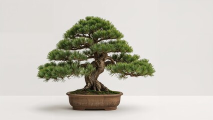 Bonsai tree in a pot with dense, green foliage and a thick, textured trunk.
