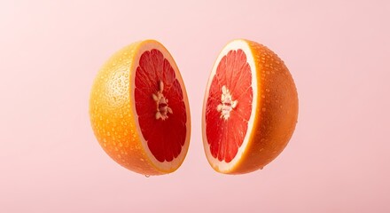A vibrant grapefruit cut in half, revealing its juicy red flesh, stands out against a soft pink backdrop, creating a visually appealing contrast