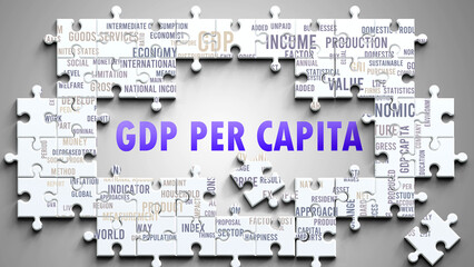 Gdp Per Capita as a complex subject, related to important topics. Pictured as a puzzle and a word cloud made of most important ideas and phrases related to gdp per capita. ,3d illustration
