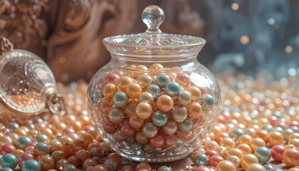 an attractive and elegant crystal pot full of colourfull pearls