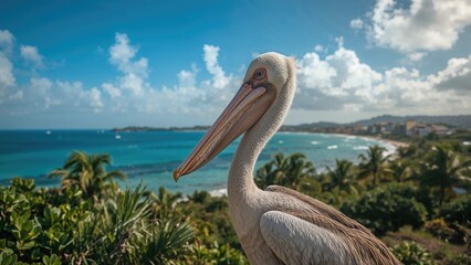 Pelican by the ocean with a background of sky and coastal landscape. Nature and wildlife scene. Coastal environment and bird habitat. The scene of a pelican near the sea