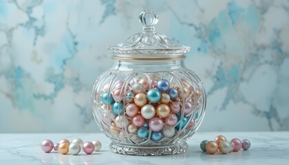 an attractive and elegant crystal pot full of colourfull pearls