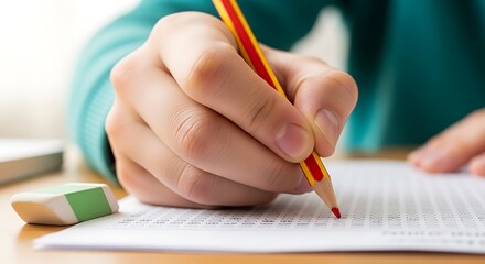 A student is taking a standardized test, carefully filling in the bubbles with a pencil, focusing on accuracy and concentration during the exam