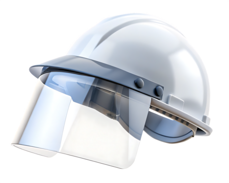White hard hat with clear face shield isolated on a transparent background safety helmet